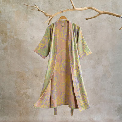 Künstlerisch gemusterter, kurzärmeliger Baumwollbademantel mit Blumenmuster - Grün - XL - image 0