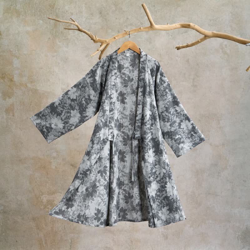 Eleganter Kimono aus Baumwollgaze mit Blumenmuster - Grau - XL - image 17