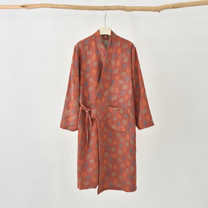 Ginkgoblatt-Baumwollgaze-Yukata-Robe - Rot - XXL - image 3