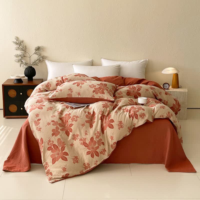 Bettwäsche-Set aus Baumwolldoppelgaze mit Blumenmuster und Blättern (4-teilig) - Rosa - 220cm x 240cm - image 0