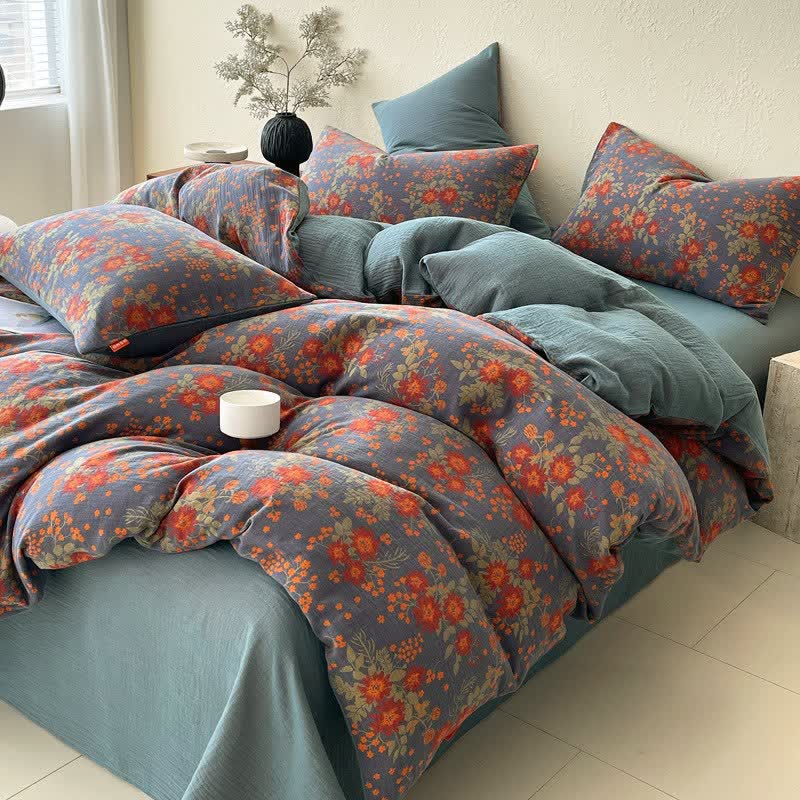 Retro-Bettwäscheset aus Baumwollgaze mit Blumenmuster (4-teilig) - 220cm x 240cm - image 0