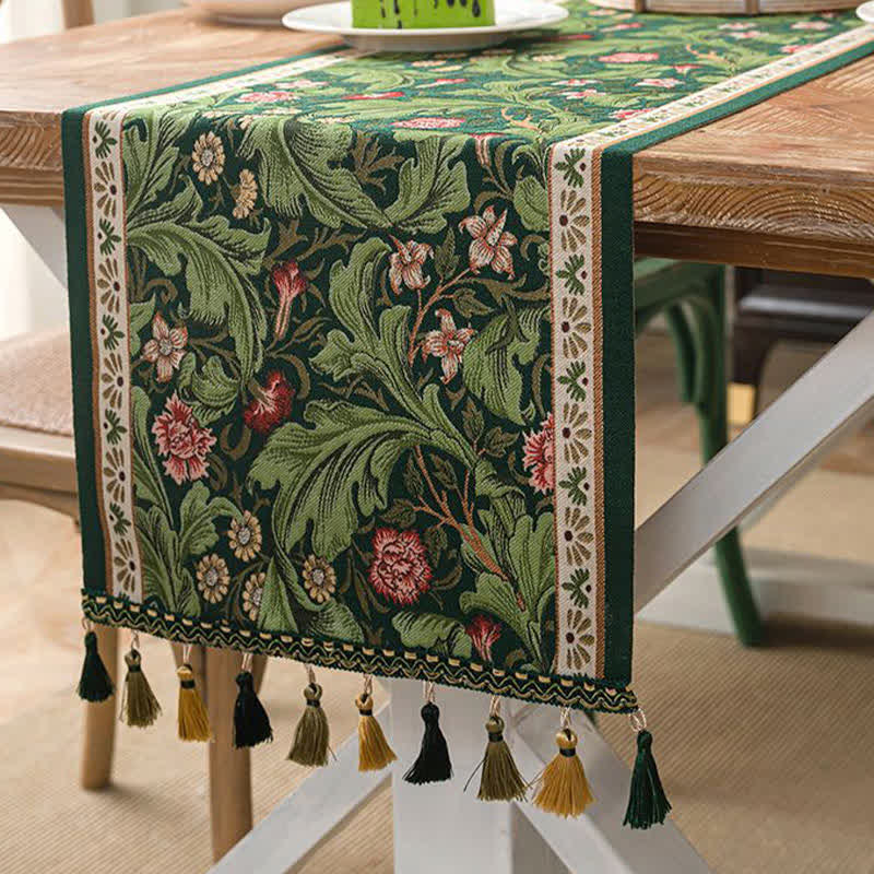 Tischläufer mit tropischem Blatt-Jacquardmuster und Quasten - image 3