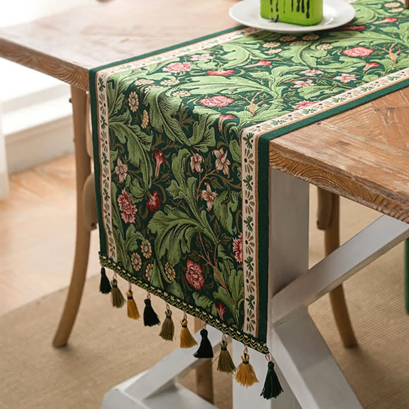 Tischläufer mit tropischem Blatt-Jacquardmuster und Quasten - image 1