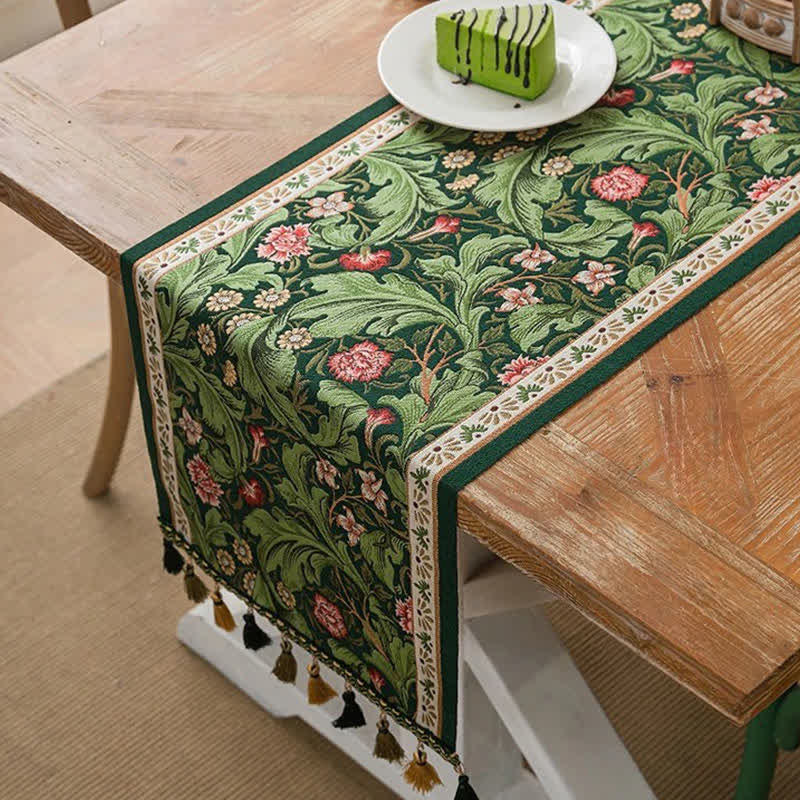 Tischläufer mit tropischem Blatt-Jacquardmuster und Quasten - 35cm x 300cm - image 0