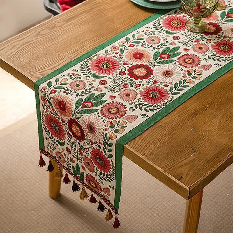 Tischläufer aus rosafarbenem Jacquard-Blumenmuster mit Quasten - 35cm x 300cm - image 0