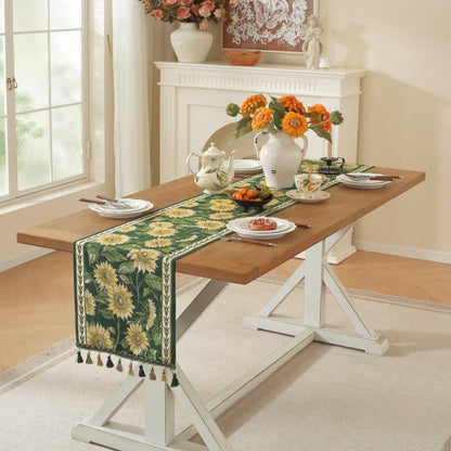 Tischläufer mit Sonnenblumen-Jacquardmuster und Quasten - image 3