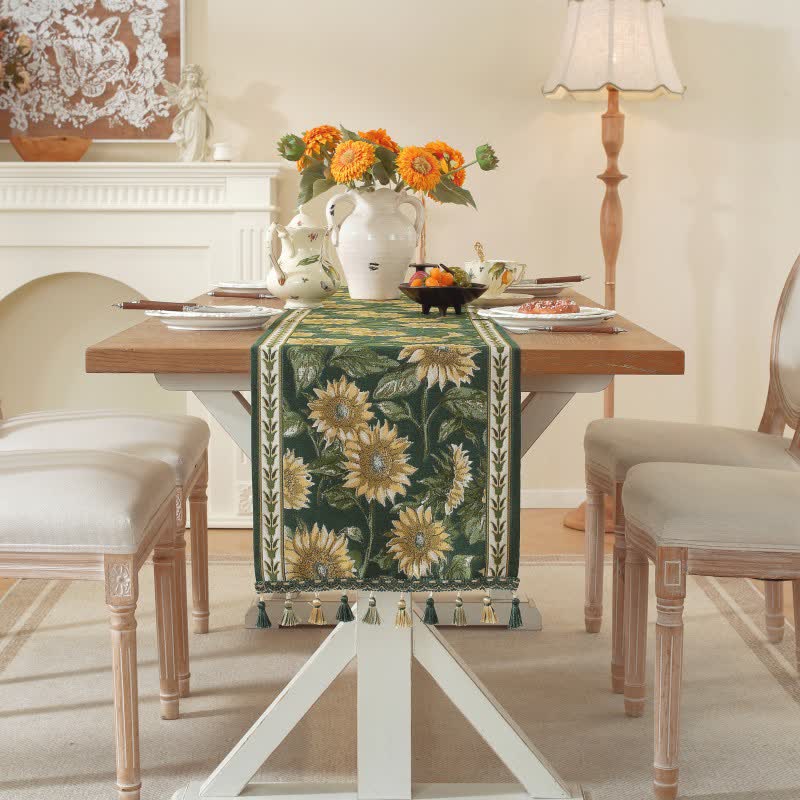Tischläufer mit Sonnenblumen-Jacquardmuster und Quasten - image 4