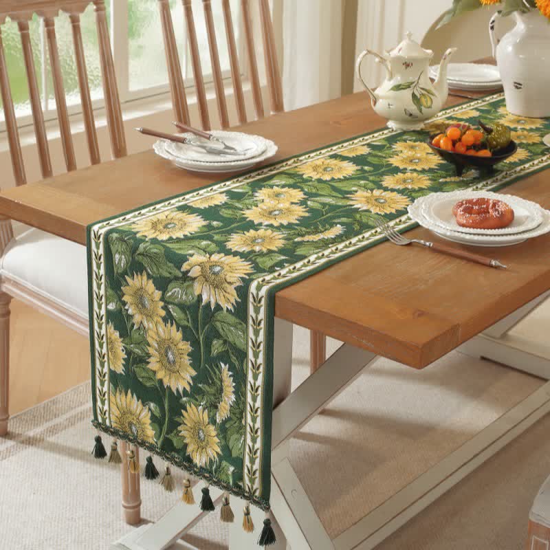 Tischläufer mit Sonnenblumen-Jacquardmuster und Quasten - image 1