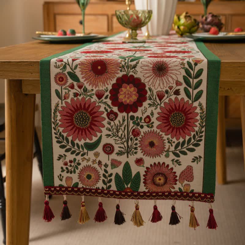 Tischläufer aus rosafarbenem Jacquard-Blumenmuster mit Quasten - image 1