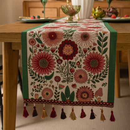 Tischläufer aus rosafarbenem Jacquard-Blumenmuster mit Quasten - image 1
