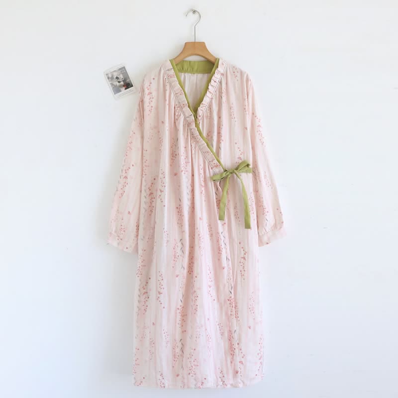 Kimono-Nachthemd aus Baumwollgaze mit kleinem Blumenmuster - Rosa - L - image 0