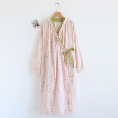 Kimono-Nachthemd aus Baumwollgaze mit kleinem Blumenmuster - Rosa - L - image 0