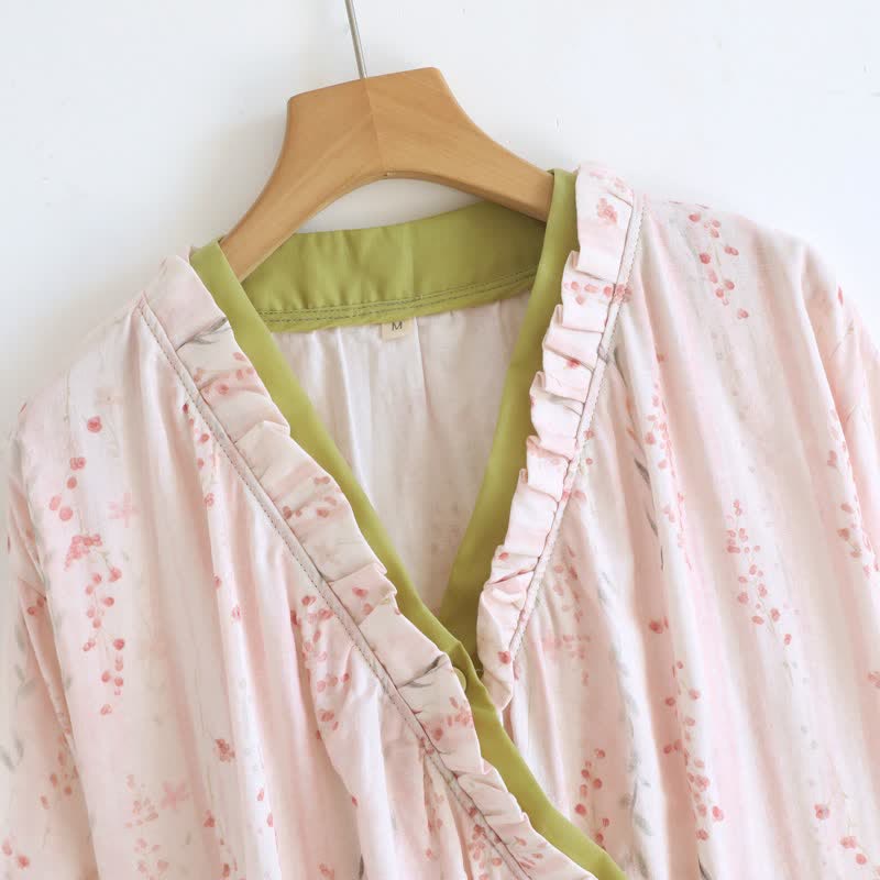 Kimono-Nachthemd aus Baumwollgaze mit kleinem Blumenmuster - image 5