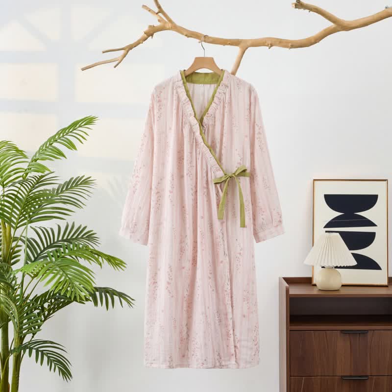 Kimono-Nachthemd aus Baumwollgaze mit kleinem Blumenmuster - image 2