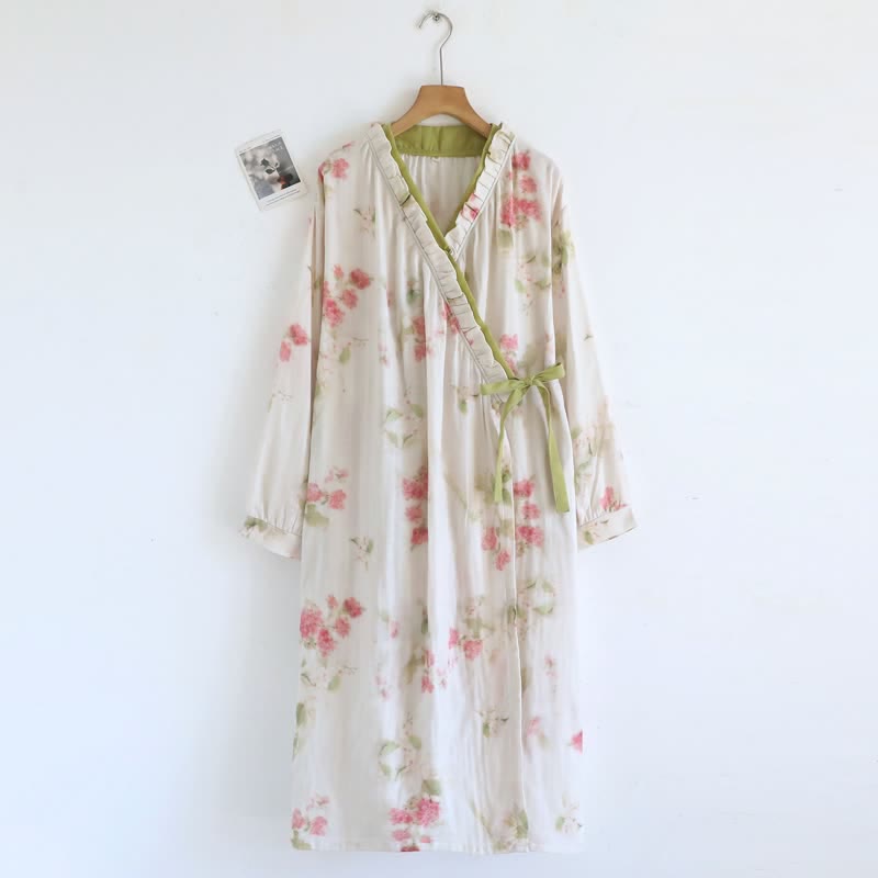 Kimono-Nachthemd aus Baumwollgaze mit Aquarellblumenmuster - Grün - L - image 0