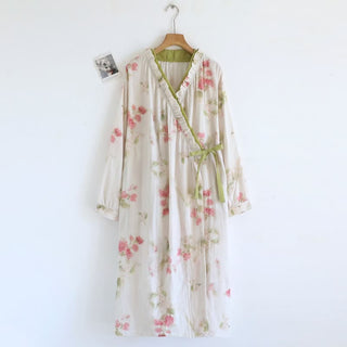 Kimono-Nachthemd aus Baumwollgaze mit Aquarellblumenmuster - Grün - L - image 0