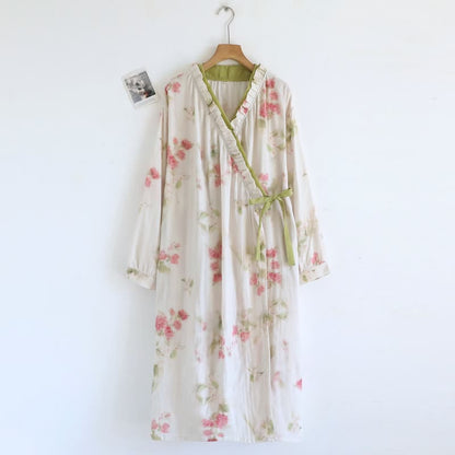 Kimono-Nachthemd aus Baumwollgaze mit Aquarellblumenmuster - Grün - L - image 0