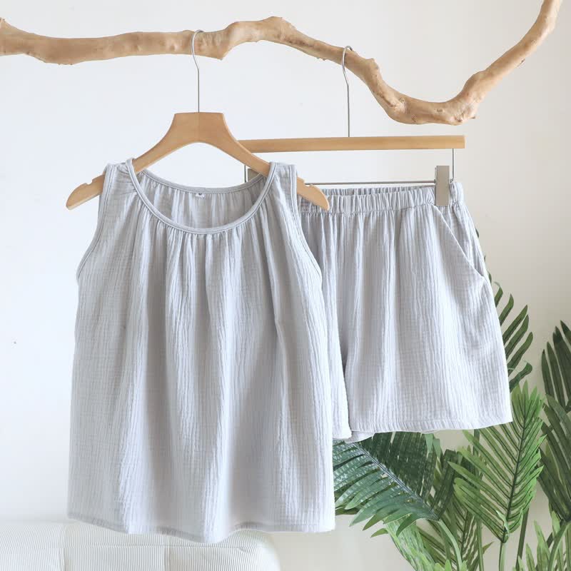 Set aus Tanktop und Shorts aus doppellagigem Baumwollgewebe - Blaugrau - XL - image 2