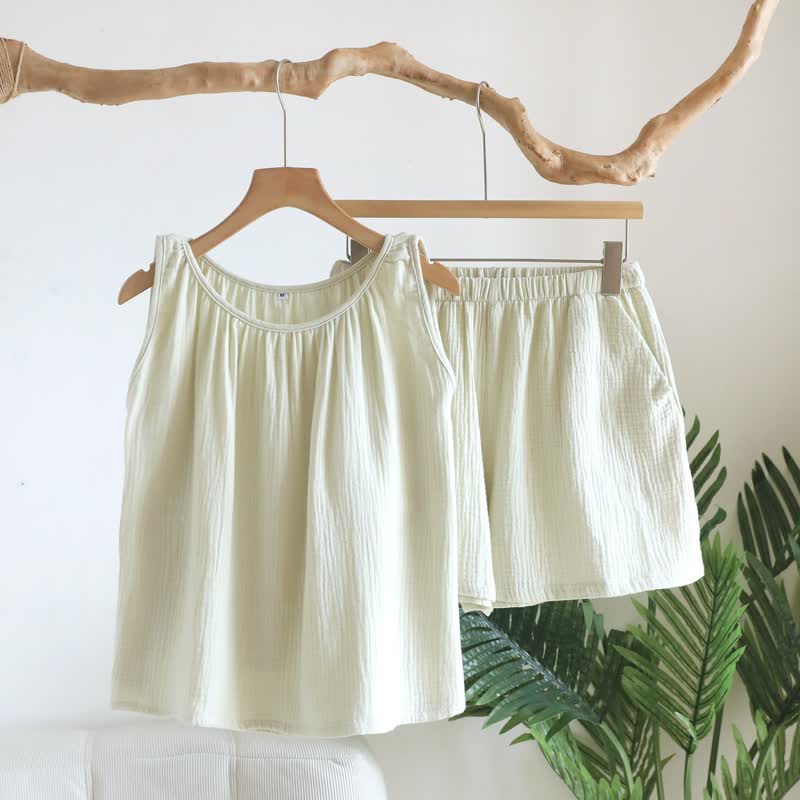 Set aus Tanktop und Shorts aus doppellagigem Baumwollgewebe - Grün - XL - image 12