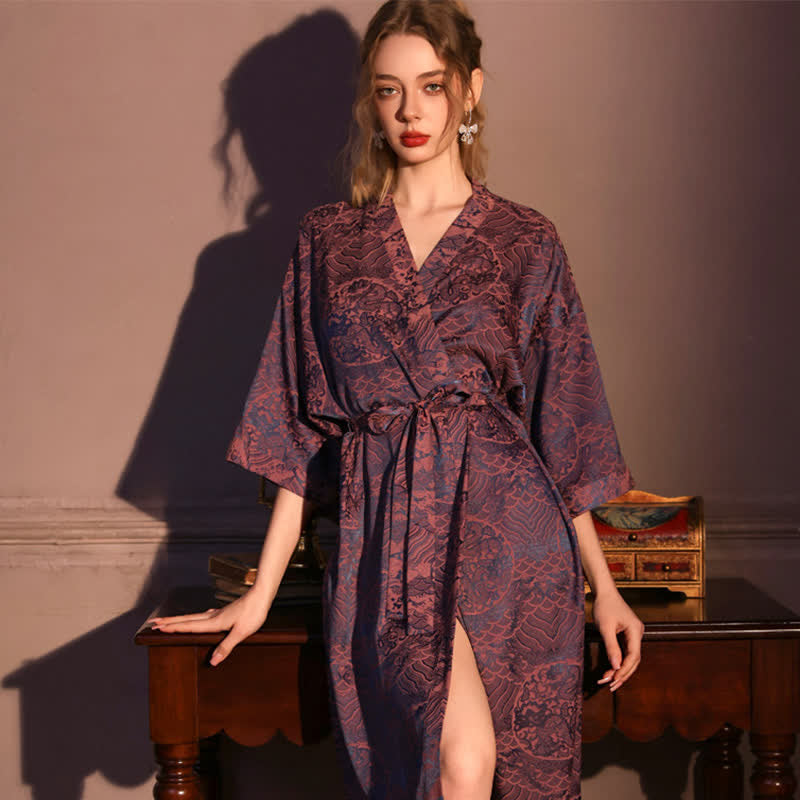 Robe mit abstraktem Muster und 3/4-Ärmeln - Burgund - Übergröße - image 0