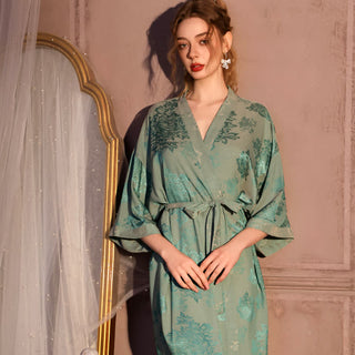 Luxuriöser Kimono-Bademantel mit Blumenmuster und 3/4-Ärmeln - Grün - Übergröße - image 0
