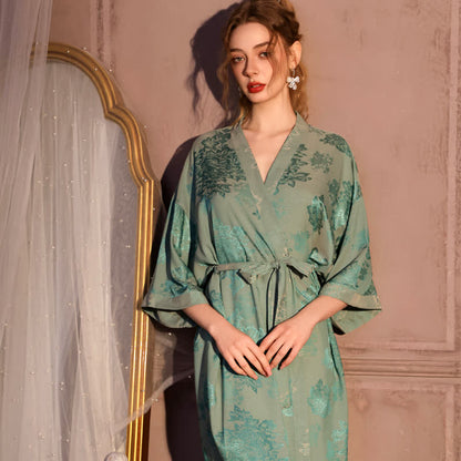 Luxuriöser Kimono-Bademantel mit Blumenmuster und 3/4-Ärmeln - Grün - Übergröße - image 0