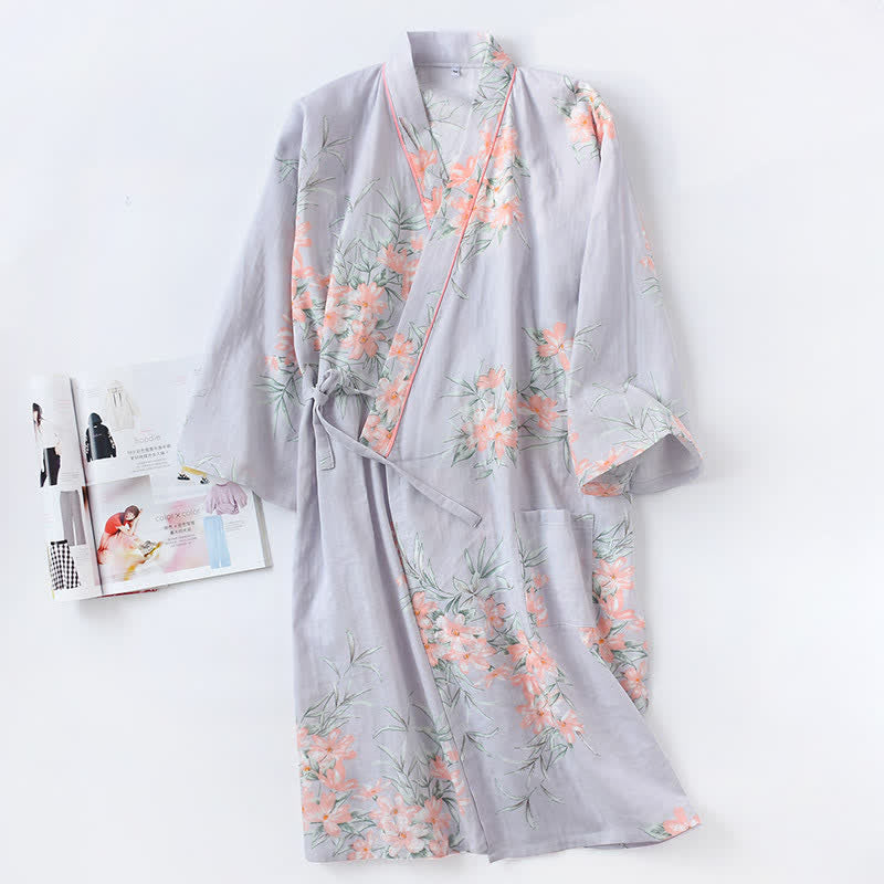 Kimono-Bademantel aus rosa Baumwollgaze mit Blumenmuster - Blau - L - image 10