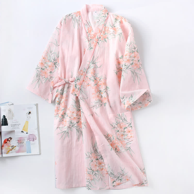 Kimono-Bademantel aus rosa Baumwollgaze mit Blumenmuster - Rosa - L - image 2