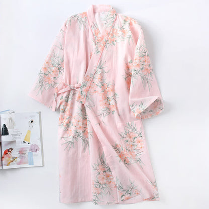 Kimono-Bademantel aus rosa Baumwollgaze mit Blumenmuster - Rosa - L - image 2