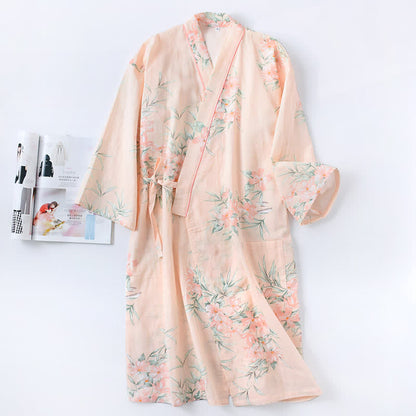 Kimono-Bademantel aus rosa Baumwollgaze mit Blumenmuster - Orange - L - image 9