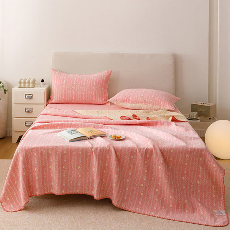 Steppdecke aus Baumwollgaze mit Blattmuster und Streifen - Rosa - 2 Kissenbezüge - 48cm x 74cm - image 0