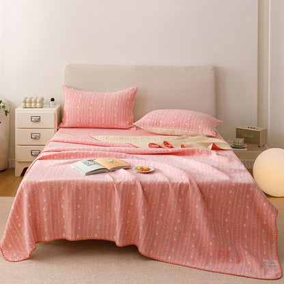 Steppdecke aus Baumwollgaze mit Blattmuster und Streifen - Rosa - 2 Kissenbezüge - 48cm x 74cm - image 0