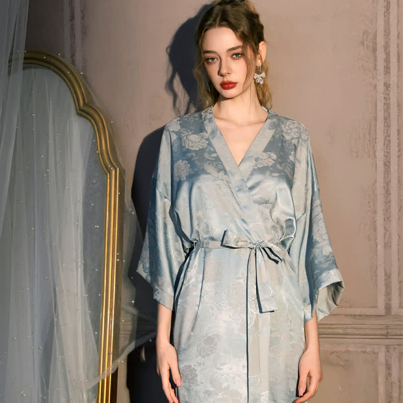 Kimono-Bademantel mit Pfingstrosenmuster und 3/4-Ärmeln - Hellblau - Übergröße - image 0