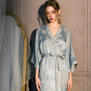 Kimono-Bademantel mit Pfingstrosenmuster und 3/4-Ärmeln - Hellblau - Übergröße - image 0