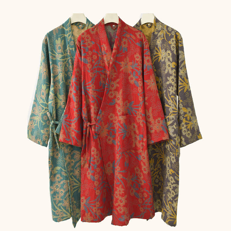 Kimono-Baumwollmantel mit pastoralem Blumenmuster und Jacquard-Print - image 1
