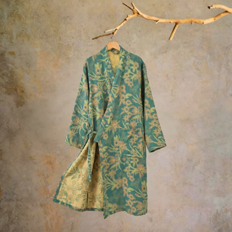 Kimono-Baumwollmantel mit pastoralem Blumenmuster und Jacquard-Print - Grün - XXL - image 6