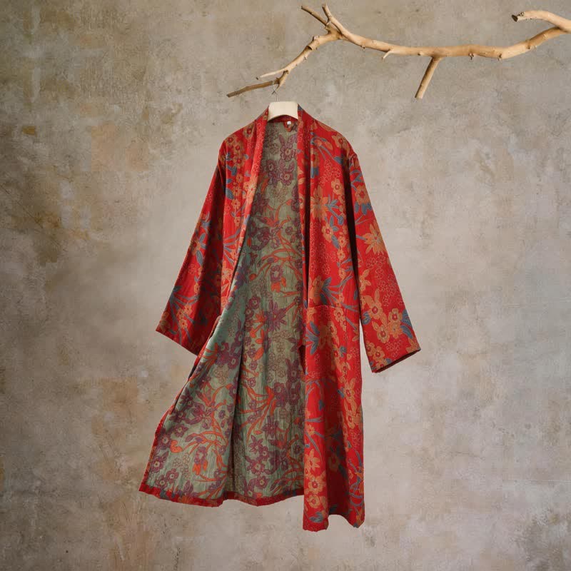 Kimono-Baumwollmantel mit pastoralem Blumenmuster und Jacquard-Print - Rot - XXL - image 0