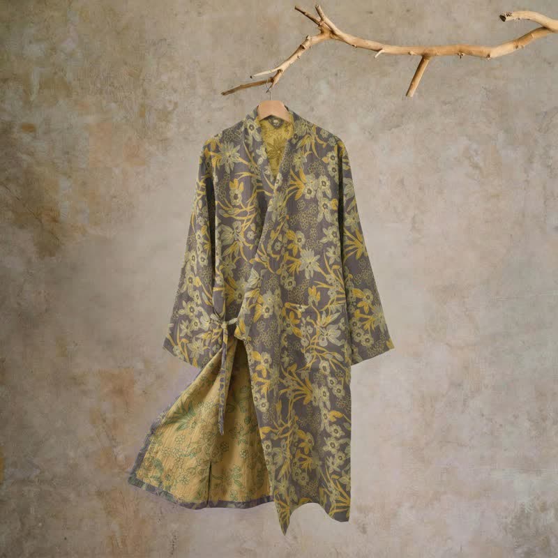 Kimono-Baumwollmantel mit pastoralem Blumenmuster und Jacquard-Print - Braun - XXL - image 19