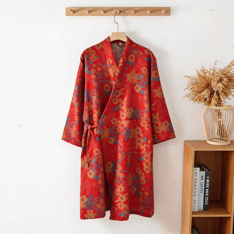 Kimono-Baumwollmantel mit pastoralem Blumenmuster und Jacquard-Print - image 2