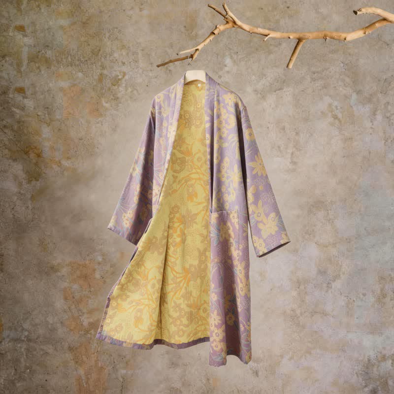 Kimono-Baumwollmantel mit pastoralem Blumenmuster und Jacquard-Print - Lila - XXL - image 12