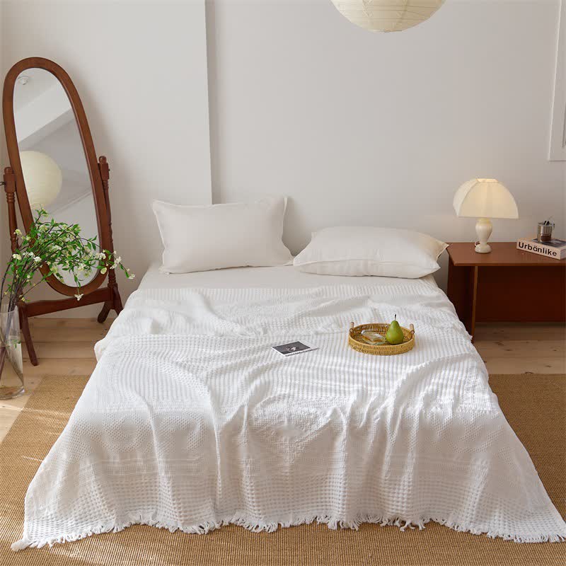 Steppdecke aus Baumwolle mit Waffelpiqué-Muster und Quasten - Weiß - Königin - image 3