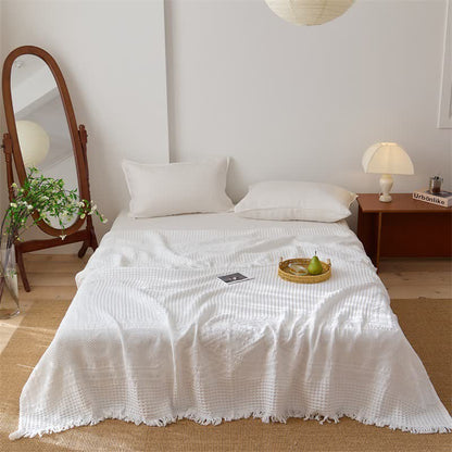 Steppdecke aus Baumwolle mit Waffelpiqué-Muster und Quasten - Weiß - Königin - image 3