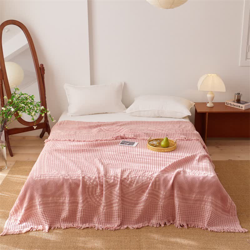 Steppdecke aus Baumwolle mit Waffelpiqué-Muster und Quasten - Rosa - Königin - image 2