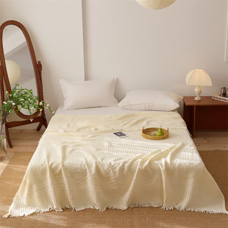 Steppdecke aus Baumwolle mit Waffelpiqué-Muster und Quasten - Gelb - Königin - image 4