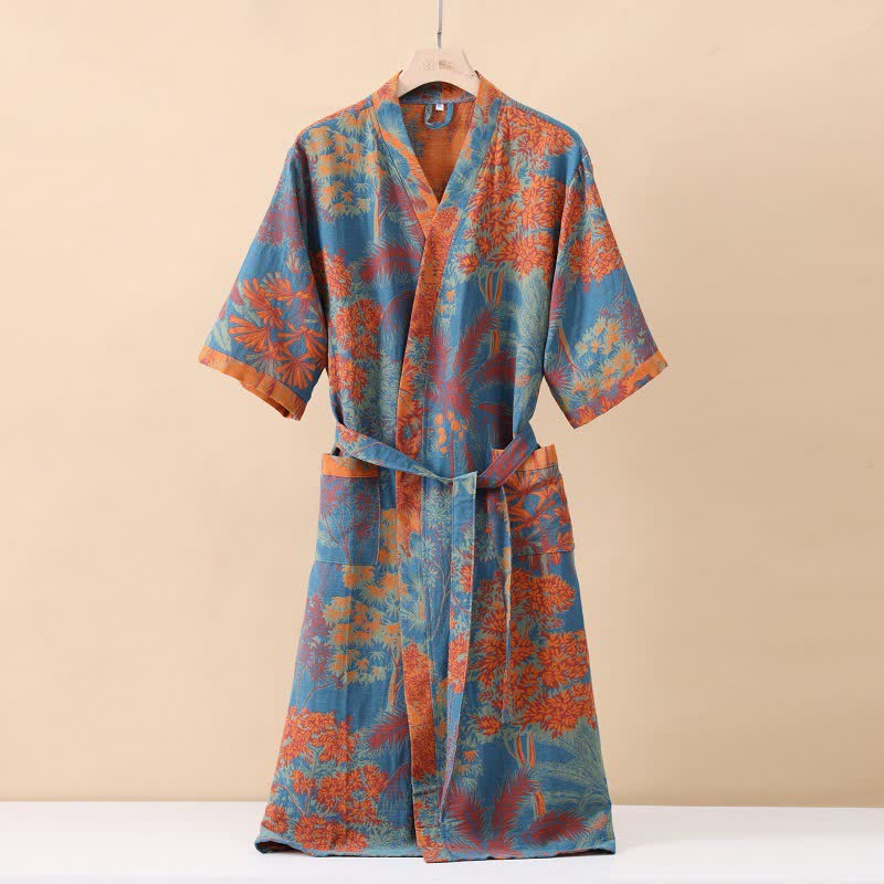 Künstlerisch gestalteter Baumwoll-Doppelgaze-Bademantel - Blau & Orange - XL - image 0