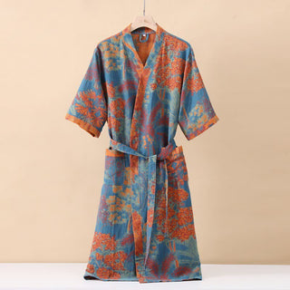 Künstlerisch gestalteter Baumwoll-Doppelgaze-Bademantel - Blau & Orange - XL - image 0