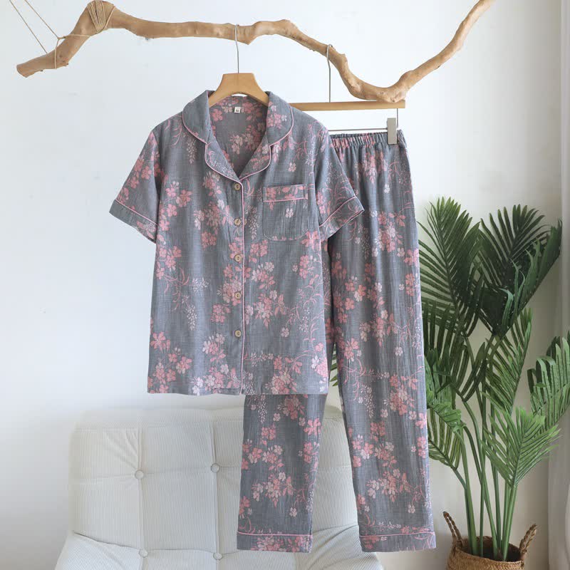 Pyjama-Set aus reiner Baumwolle mit Zweig- und Blumenmuster - Grau - XL - image 15