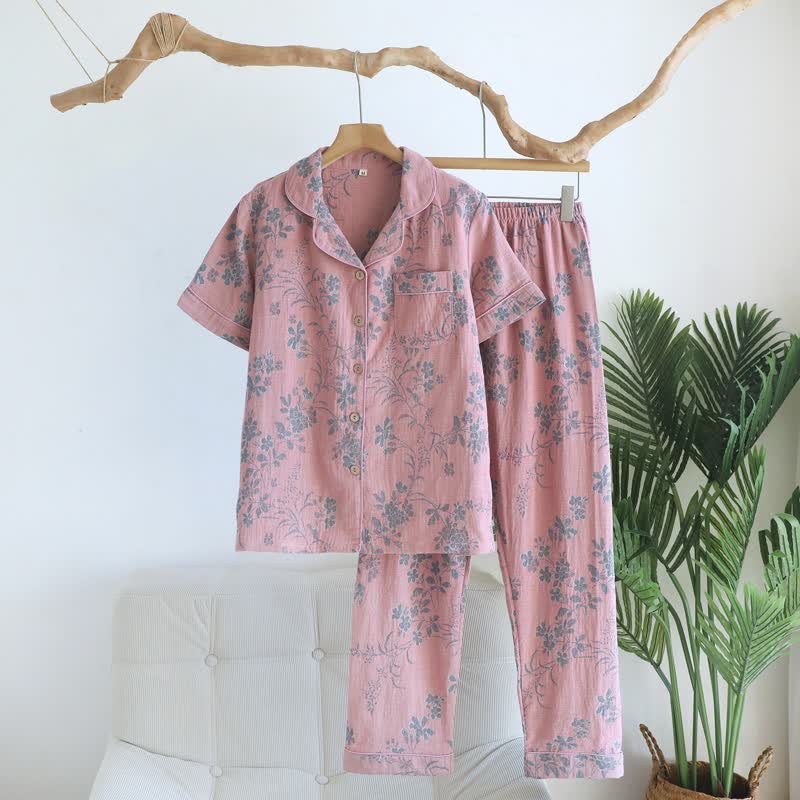 Pyjama-Set aus reiner Baumwolle mit Zweig- und Blumenmuster - Rosa - XL - image 3