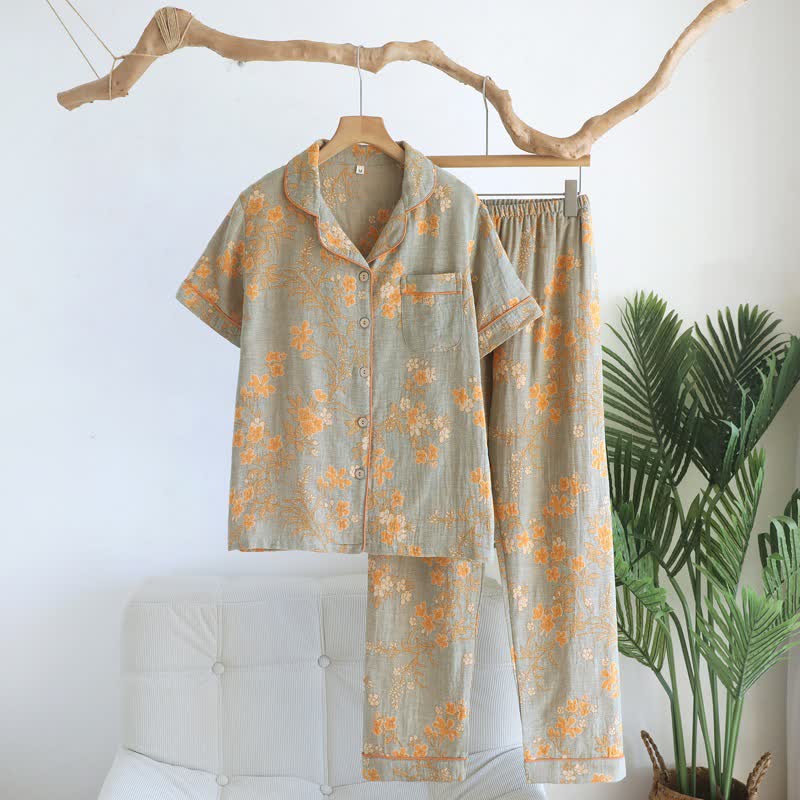 Pyjama-Set aus reiner Baumwolle mit Zweig- und Blumenmuster - Grün - XL - image 16