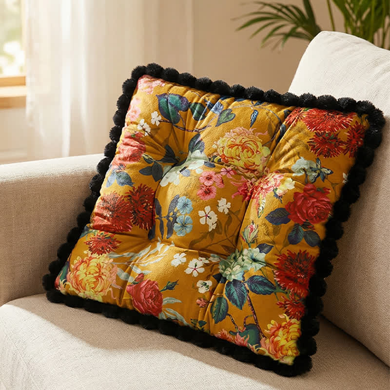 Vintage-Sitzkissen mit Blumenmuster und Pomponborte - Gelb - 40cm x 40cm x 10cm - image 4